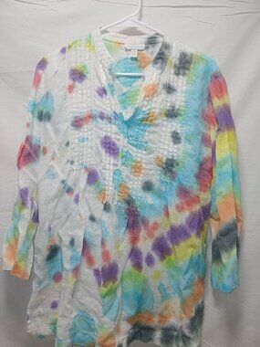 Charter Club 100% Linen Tie‑Dye Long Sleeve Top L Boho Artsy Multicolor